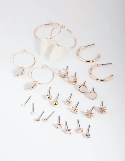 Rose Gold Star & Triangle Stud & Drop Earring 12-Pack