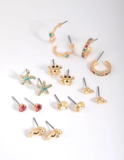 Gold Under the Sea Stud Earring 8-Pack