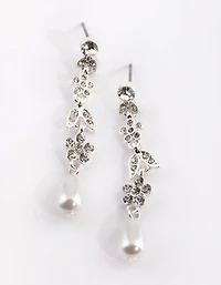 Silver Floral Pearl Drop Earrings