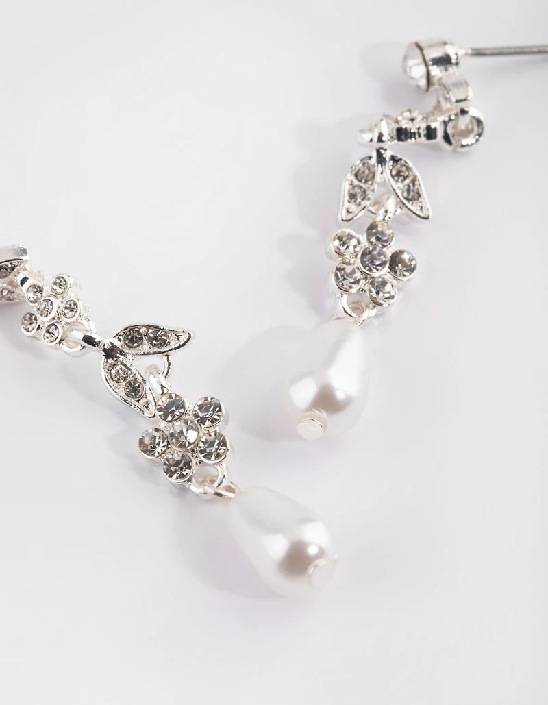 Silver Floral Pearl Drop Earrings