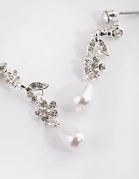 Silver Floral Pearl Drop Earrings