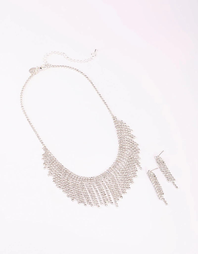Silver Diamante Tassel Necklace & Earrings Set