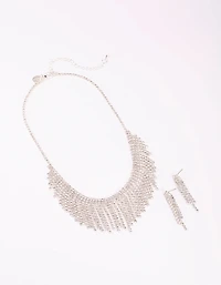Silver Diamante Tassel Necklace & Earrings Set