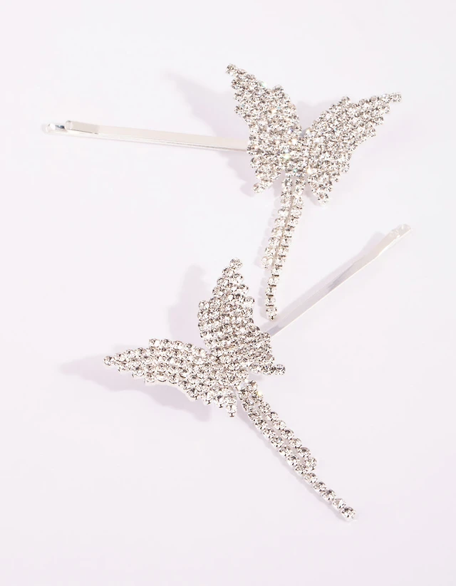 Silver Diamante Butterfly Drape Clip Set