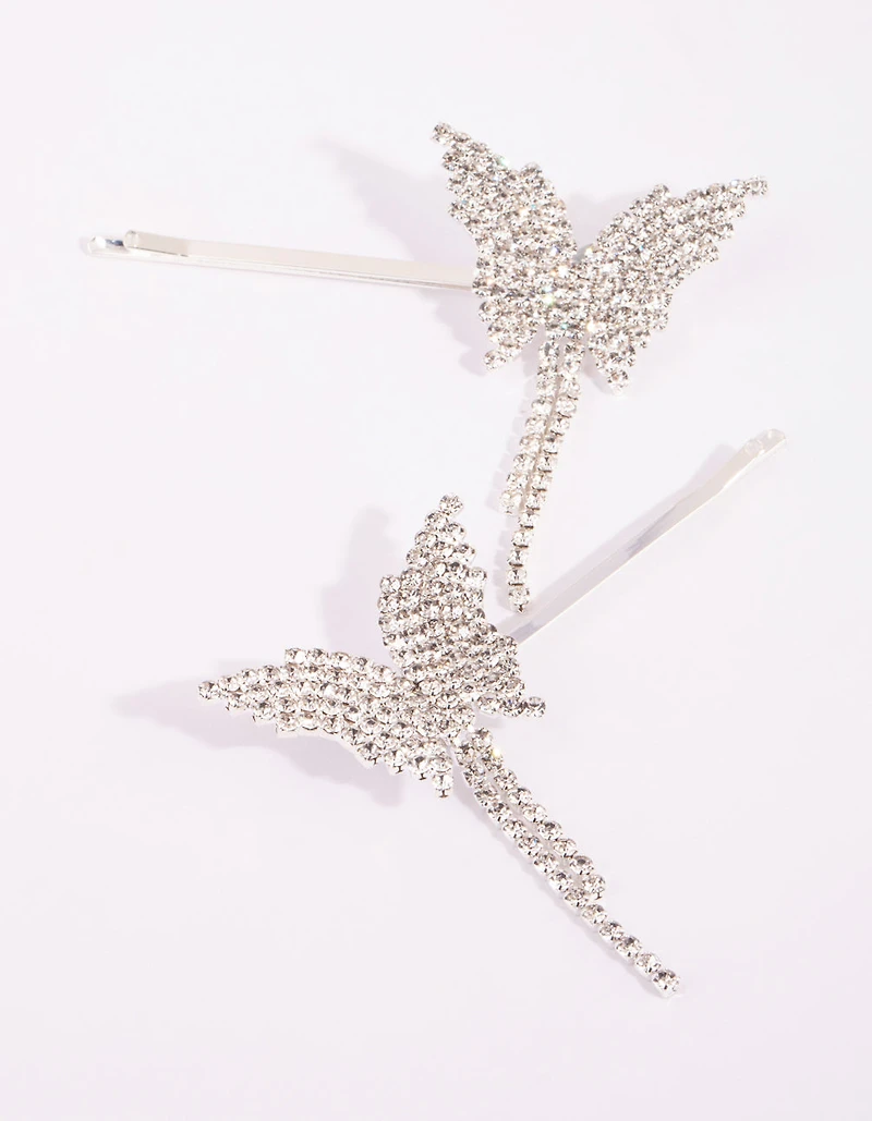 Silver Diamante Butterfly Drape Clip Set