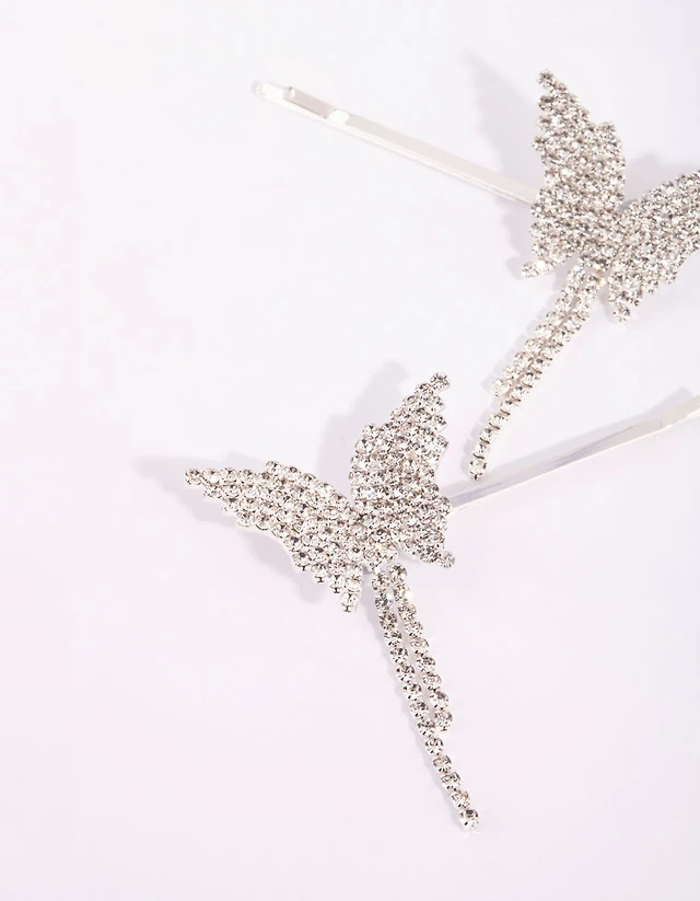 Silver Diamante Butterfly Drape Clip Set