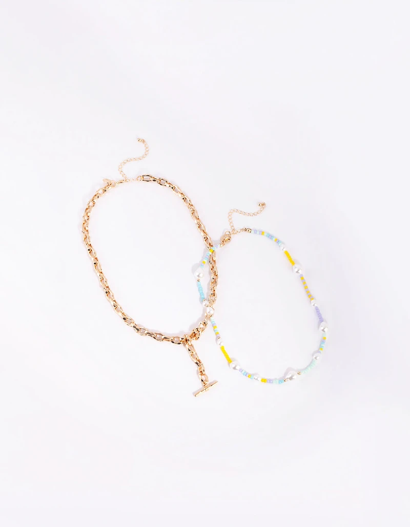 Gold Pearl Chain Fob Necklace