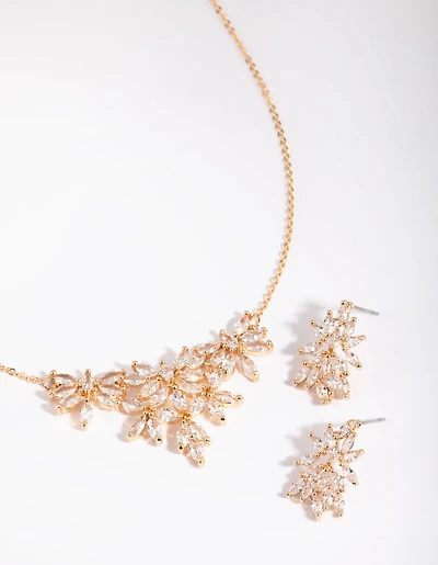 Gold Diamond Simulant Navette Flower Necklace & Earring Set