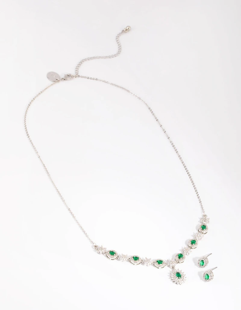 Silver Emerald Diamond Simulant Necklace & Earring Set