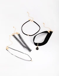 Pack 4-pack de 4 Collars ras-du-cou en dentelle dorée & goutte d’eau