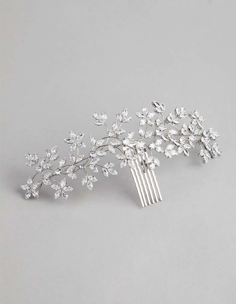 Rhodium Cubic Zirconia Flower Garden Comb