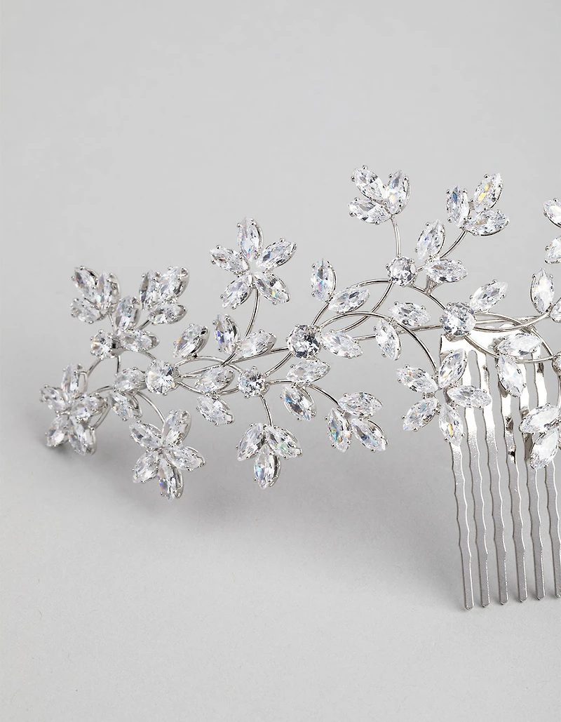 Rhodium Cubic Zirconia Flower Garden Comb