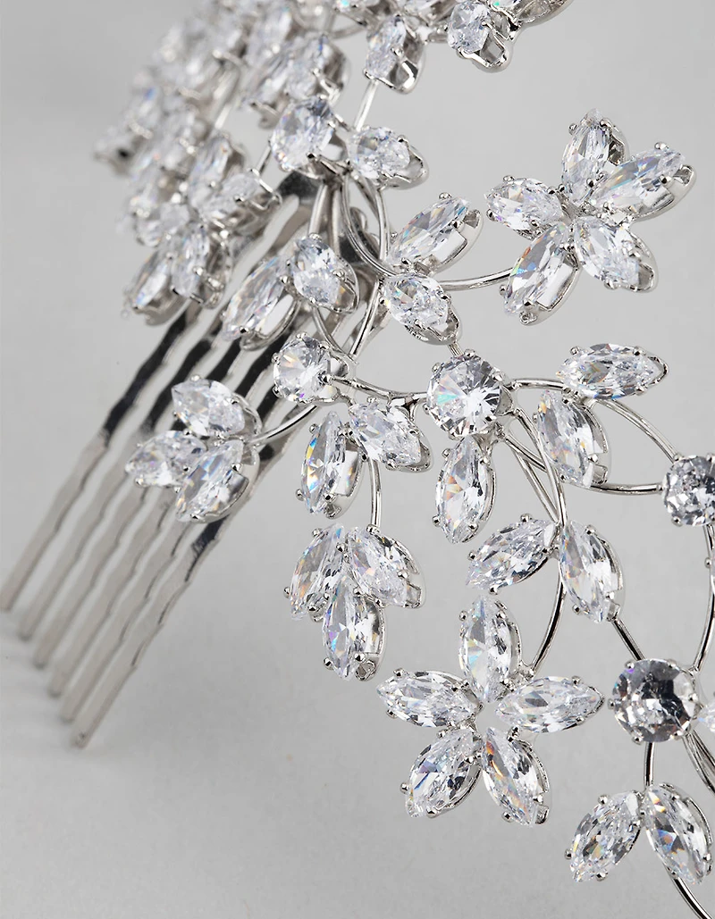 Rhodium Cubic Zirconia Flower Garden Comb