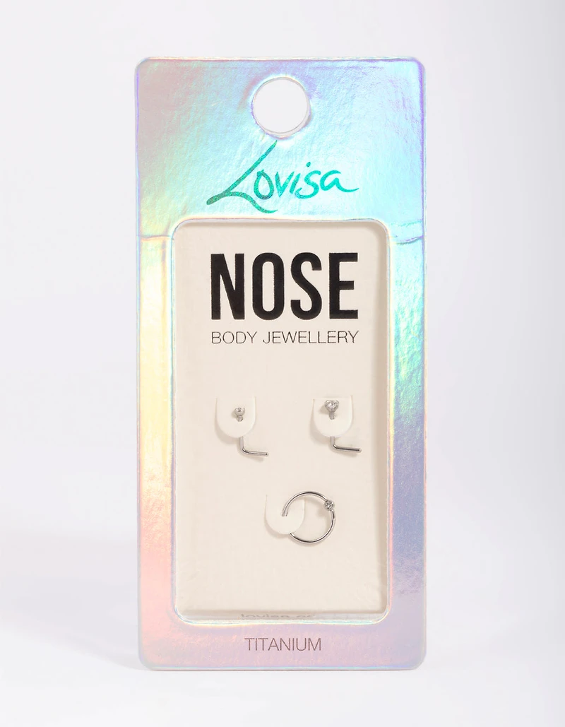 Titanium Diamante Nose Stud Pack