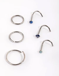 Titanium Diamante Nose Stud & Ring 6-Pack