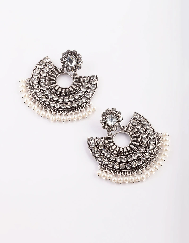 Antique Silver Pearl Bead Chandbali Earrings