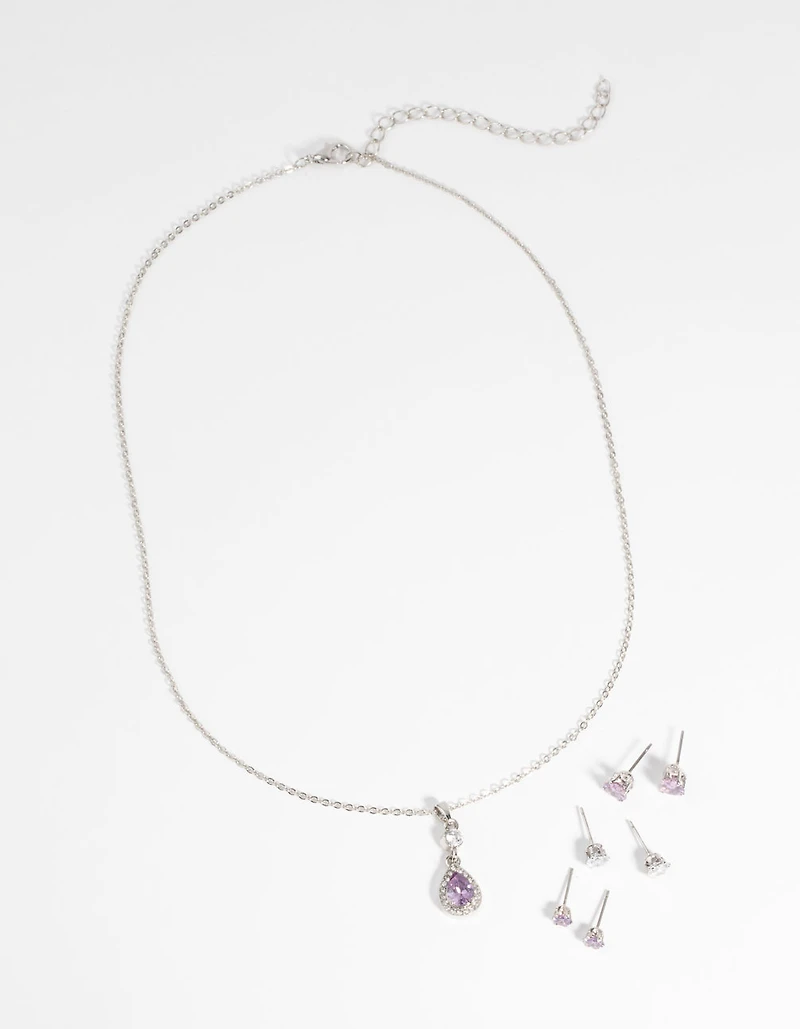 Purple Diamond Simulant Teardrop Necklace & Earrings Set