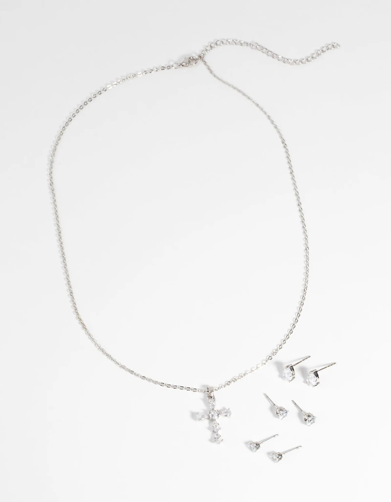 Rhodium Diamond Simulant Cross Necklace & Earrings Set