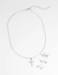 Rhodium Diamond Simulant Cross Necklace & Earrings Set