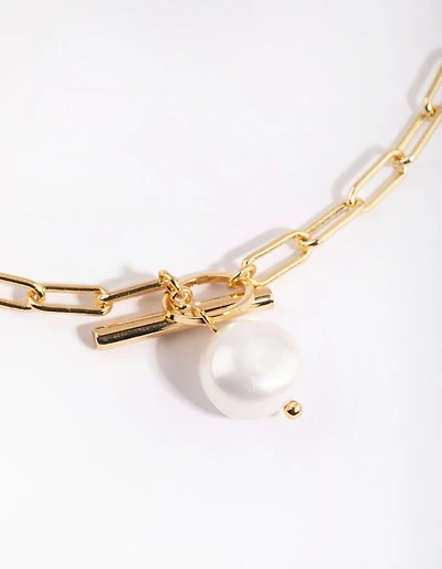 Gold Plated Fob Necklace with Freshwater Pearl