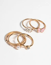 Pink Butterfly & Pearl Ring 5-Pack
