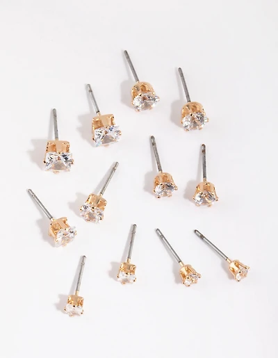 Gold Cubic Zirconia Classic Stud Earring 6-Pack