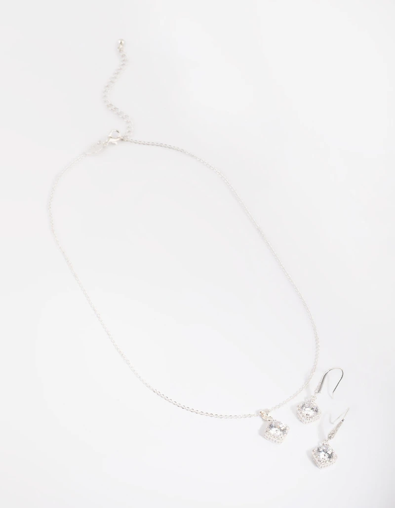 Silver Square Cut Cubic Zirconia Necklace & Earrings Set