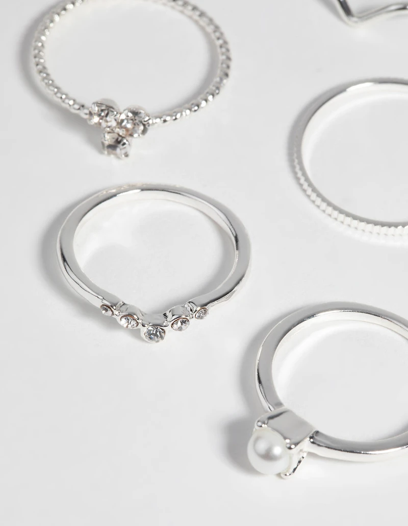 Silver Pearl & Diamante Ring 9-Pack