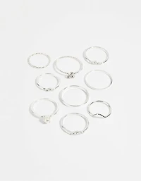 Silver Pearl & Diamante Ring 9-Pack