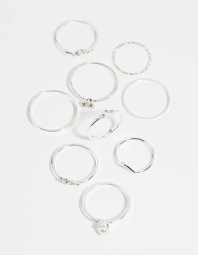 Silver Pearl & Diamante Ring 9-Pack