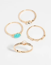 Gold Pearl & Semi-Precious Ring 4-Pack