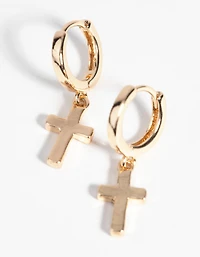 Gold Cross Huggie Hoop Earrings