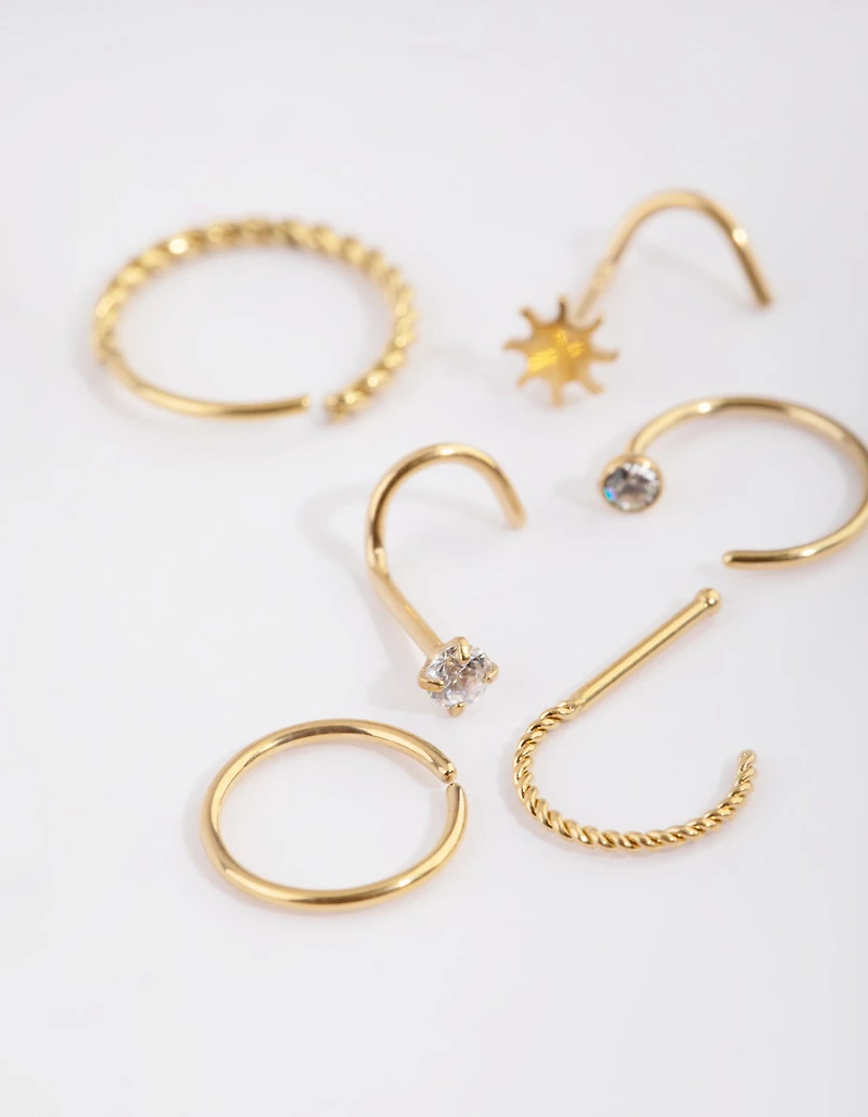 Gold Plated Surgical Steel Diamante Twist Nose Stud 6-Pack