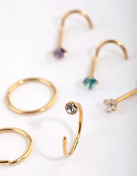 Gold Plated Surgical Steel Pastel Diamante Nose Stud 6-Pack