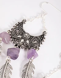 Antique Silver Fan Drop Earrings with Amethyst