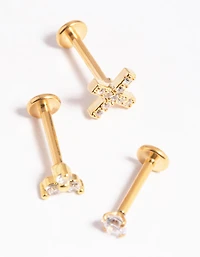 Gold Plated Titanium Cubic Zirconia Cross Flat Back Pack