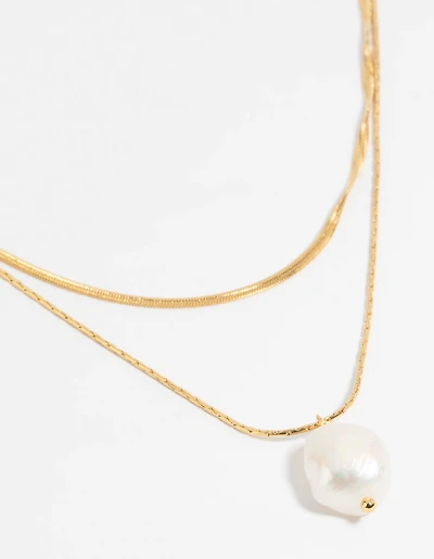 Waterproof Gold Plated Stainless Steel Snake Chain & Freshwater Pearl Layered Necklace