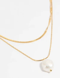 Waterproof Gold Plated Stainless Steel Snake Chain & Freshwater Pearl Layered Necklace