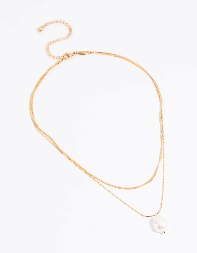 Waterproof Gold Plated Stainless Steel Snake Chain & Freshwater Pearl Layered Necklace