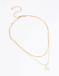 Waterproof Gold Plated Stainless Steel Snake Chain & Freshwater Pearl Layered Necklace