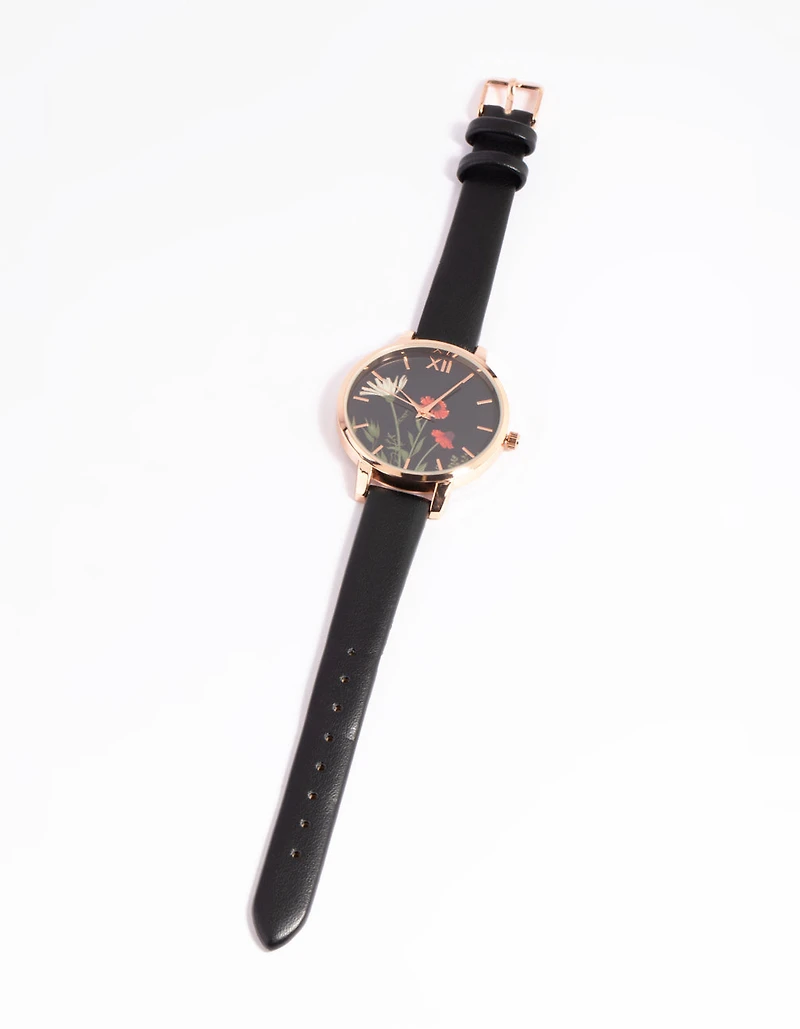 Montre fleurie noire à bracelet PU