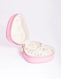 Pink Faux Leather Heart Travel Jewellery Box
