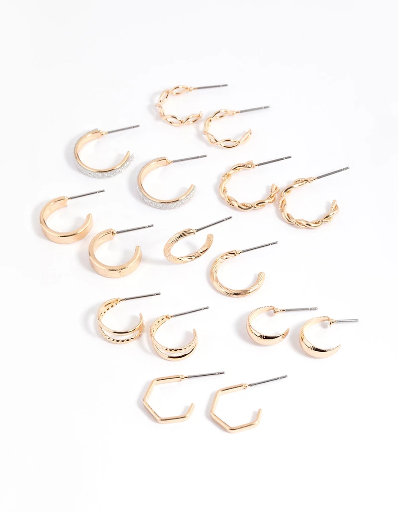 Gold Glittered & Textured Hoop Earring 8-Pack