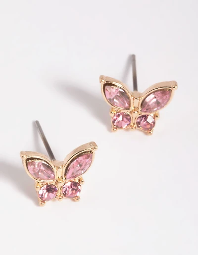 Pink Diamante Butterfly Stud Earrings
