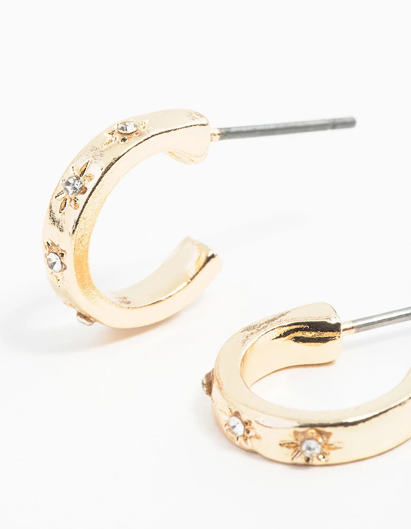 Gold Diamante Star Huggie Hoop Earrings