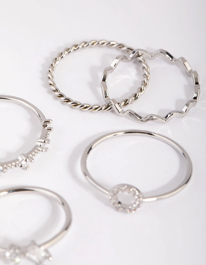 Silver Cubic Zirconia Geometric Ring Stack 5-Pack