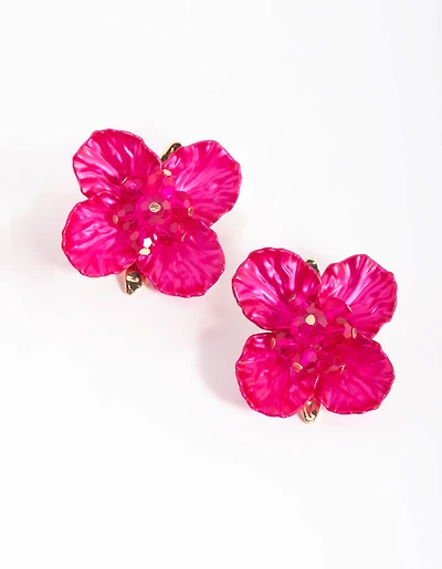 Fuchsia Pearlised Flower Stud Earrings