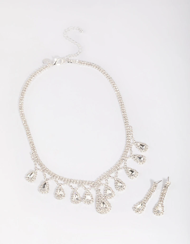 Silver Teardrop Diamante Statement Necklace & Earrings Set