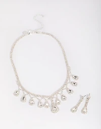 Silver Teardrop Diamante Statement Necklace & Earrings Set