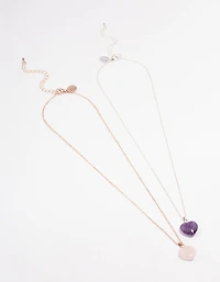 Mixed Metal Semi-Precious Heart Necklace Set